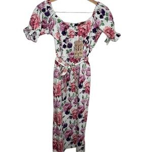 New British Retro White Rose Puffed Sleeve Dress Women Size UK 14 / US 10